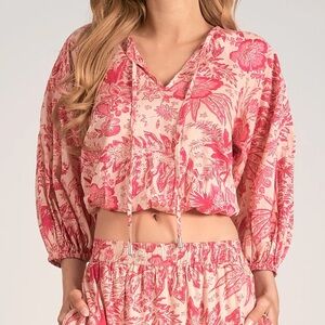 NWT Shop Elan Ronnie Puff 3/4 Sleeve Tropical Palm Leaf Print Pink Blouse